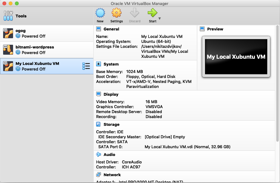 The start up menu after we created the
				virtual machine. Notice that 'My Local Xubuntu VM' or whatever you named it
				shows up.