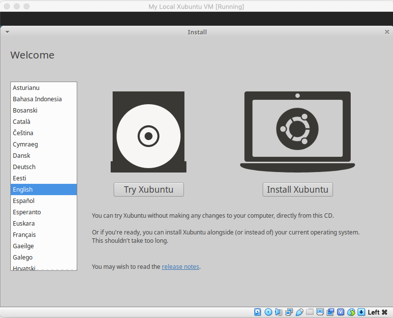 The first install screen for setting
				up Xubuntu, which offers you the choice of installing or trying it out.
