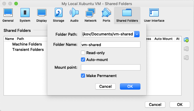 The Shared Folders popup after hitting the Folder
				with a Plus button.